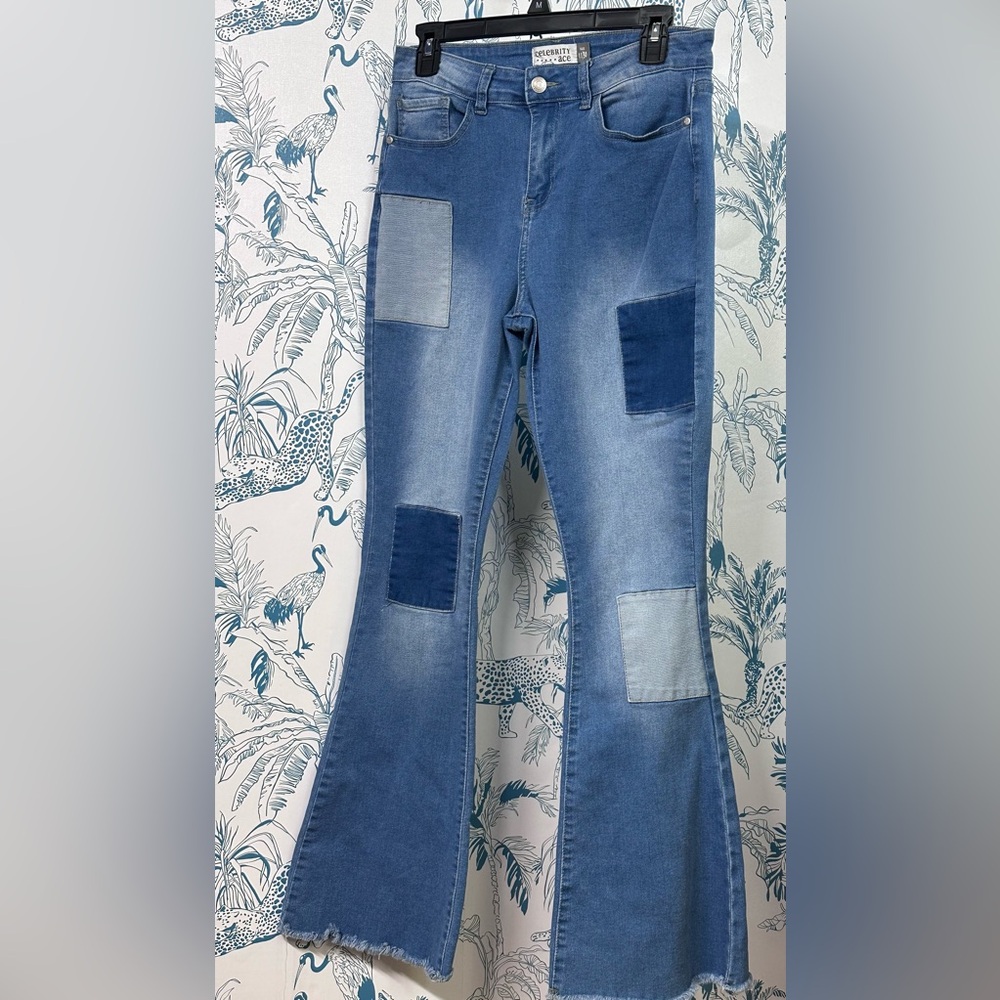 Denim Patchwork Flare Jeans - Blue - image 1